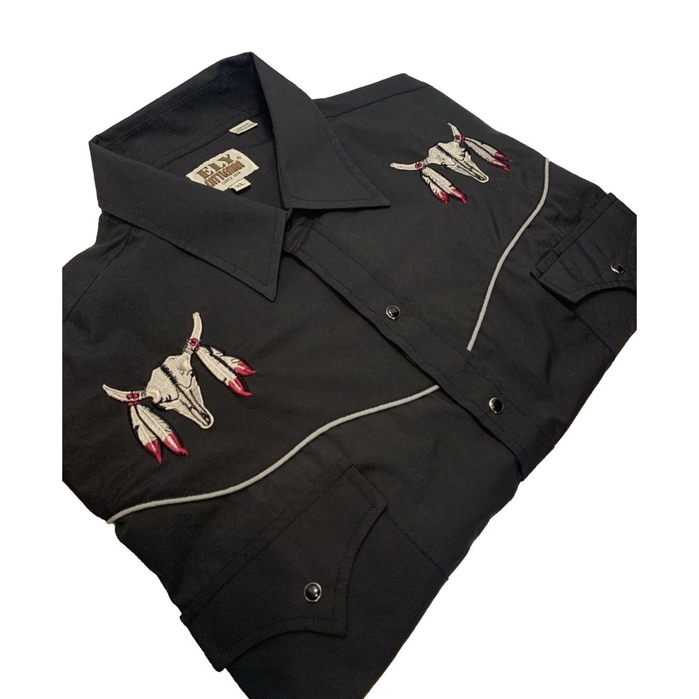 Ely Cattleman Long Sleeve Black Pearl Snap Men's XL Black Cow Skull Embroidery